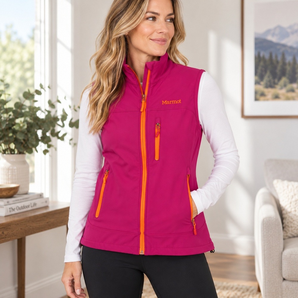 Marmot Vest Womens Sleeveless‎ Full Zip Pink Orange Pockets Outdoor Activewear